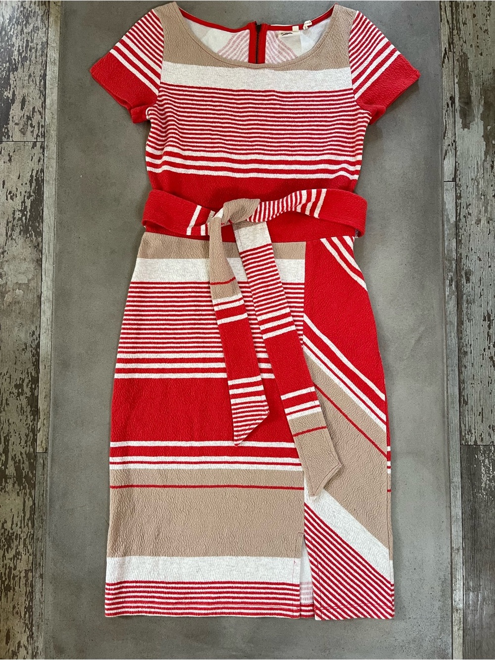 Anthropologie Lilka Sorella Striped Faux Wrap Dress Red Tan Beige Knit Size XS